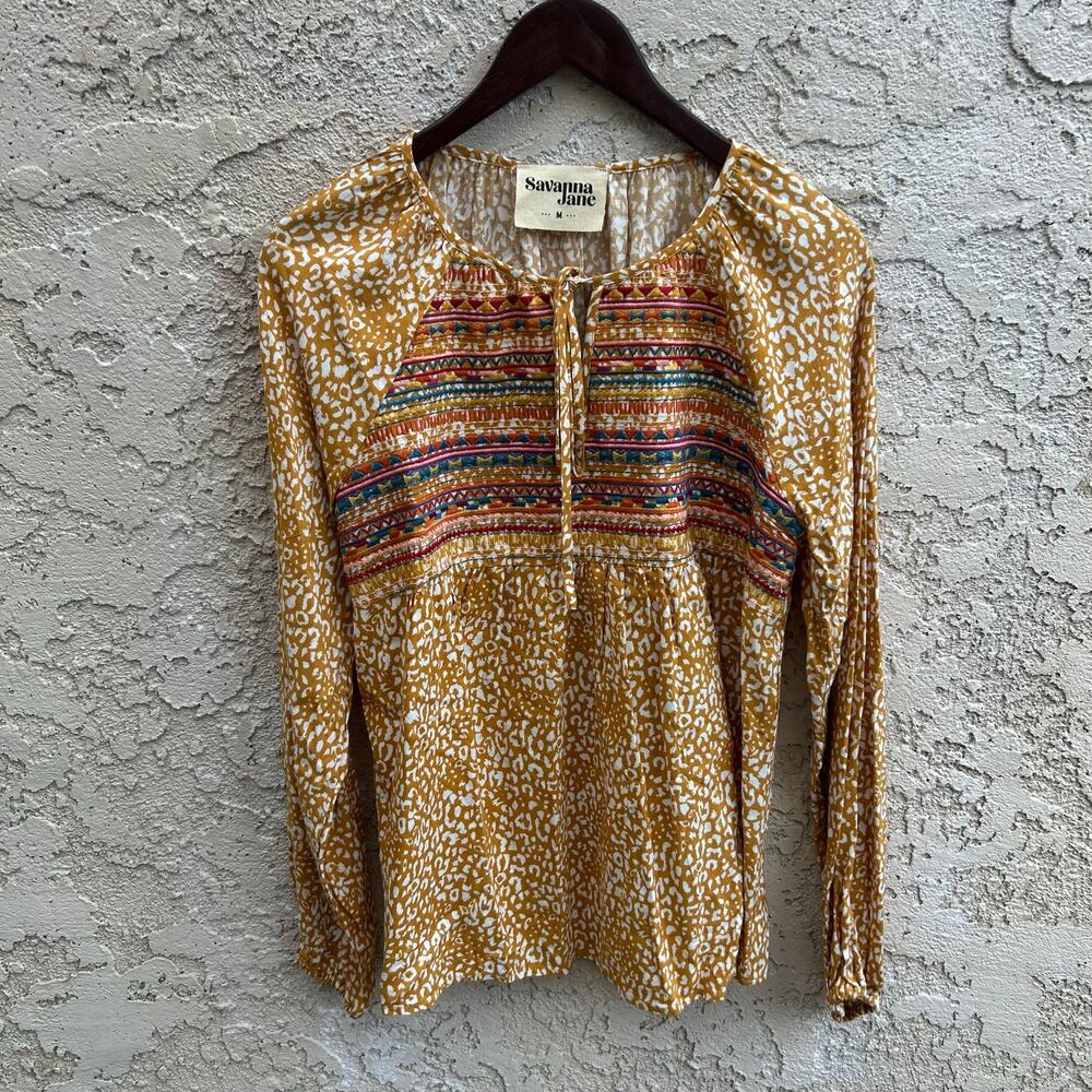 Savanna Jane Boho Embroidered Peasant Top Mustard Size Medium